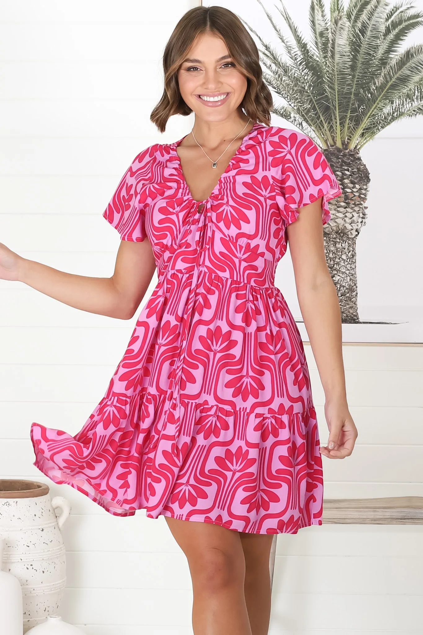 Lilly Mini Dress - Adjustable V Neckline Dress with Cap Sleeves in Luvira Print Pink sold by Salty Crush product image thumbnail 5
