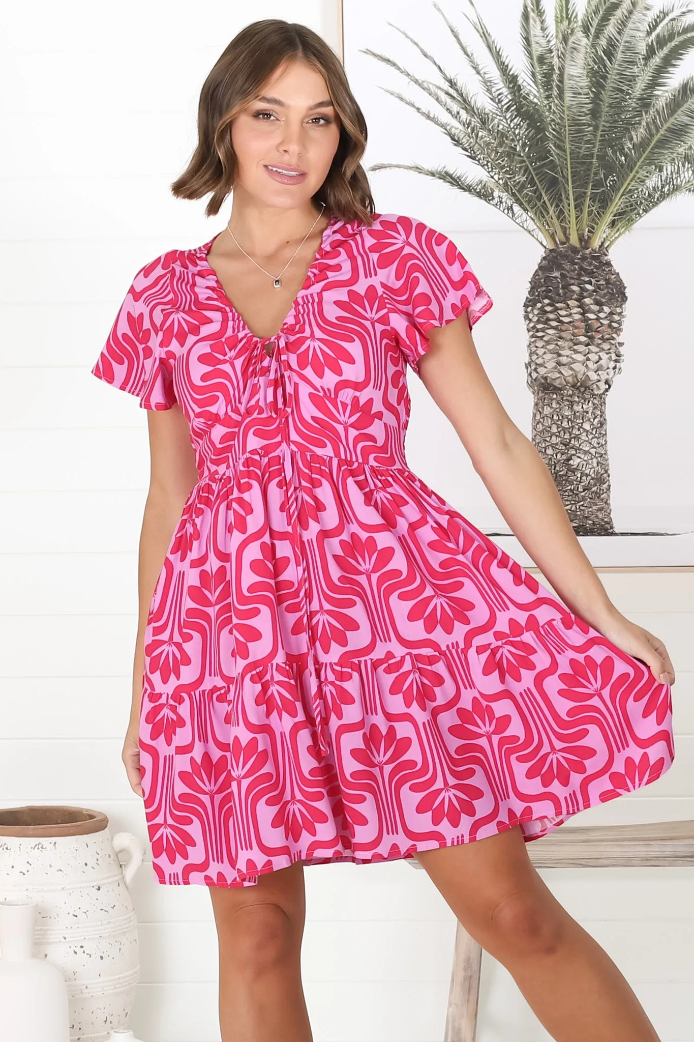 Lilly Mini Dress - Adjustable V Neckline Dress with Cap Sleeves in Luvira Print Pink sold by Salty Crush product image thumbnail 4