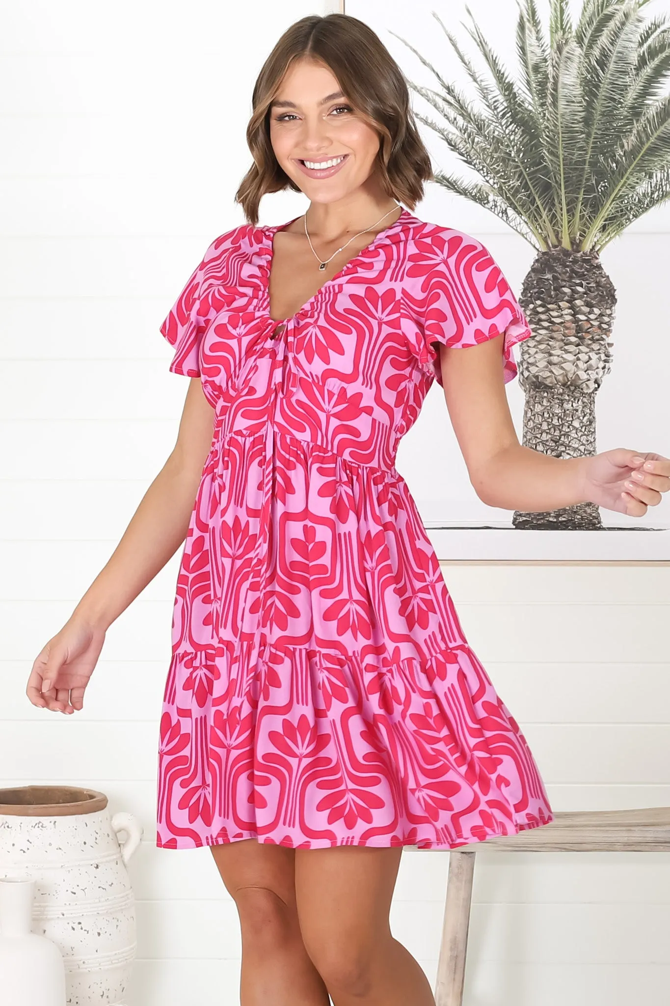 Lilly Mini Dress - Adjustable V Neckline Dress with Cap Sleeves in Luvira Print Pink sold by Salty Crush