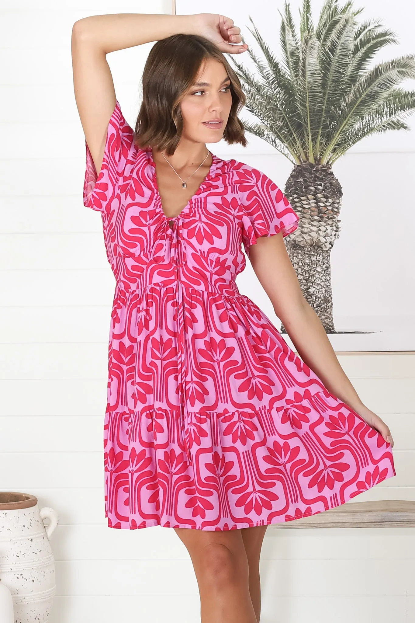 Lilly Mini Dress - Adjustable V Neckline Dress with Cap Sleeves in Luvira Print Pink sold by Salty Crush product image thumbnail 3