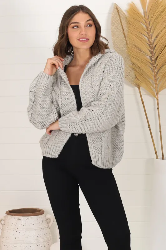 Maple Knit - Chunky Cable Knit Hooded Crop Cardigan in Grey sold by Salty Crush