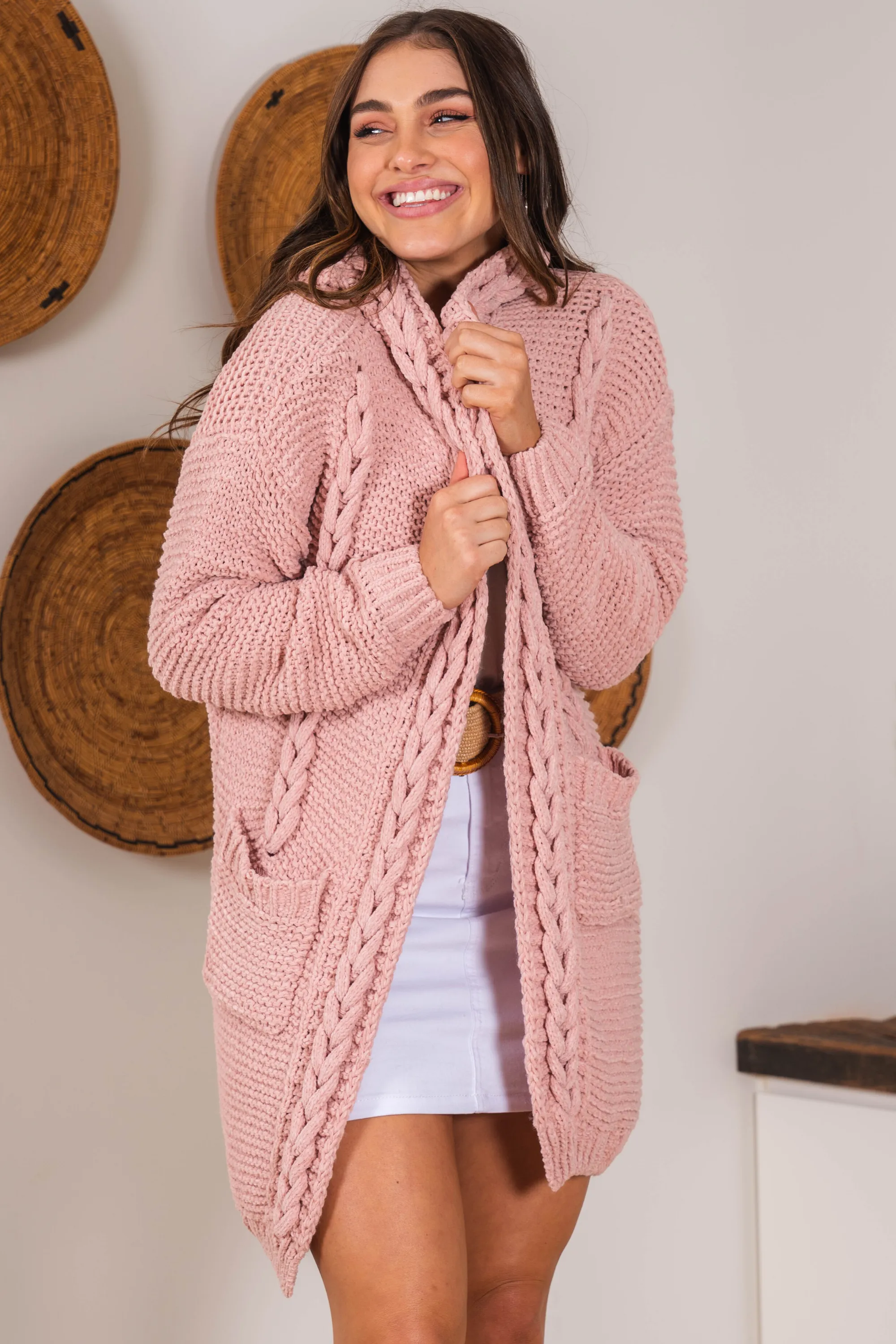 Toolara Cardigan - Thick Cable Knit Hooded Cardigan with Pocket in Pink sold by Salty Crush product image thumbnail 2
