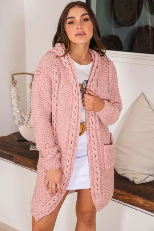 Toolara Cardigan - Thick Cable Knit Hooded Cardigan with Pocket in Pink sold by Salty Crush