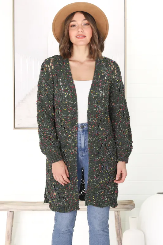 Honour Cardigan - Rainbow Speck Open Knit Cardigan in Military Green sold by Salty Crush