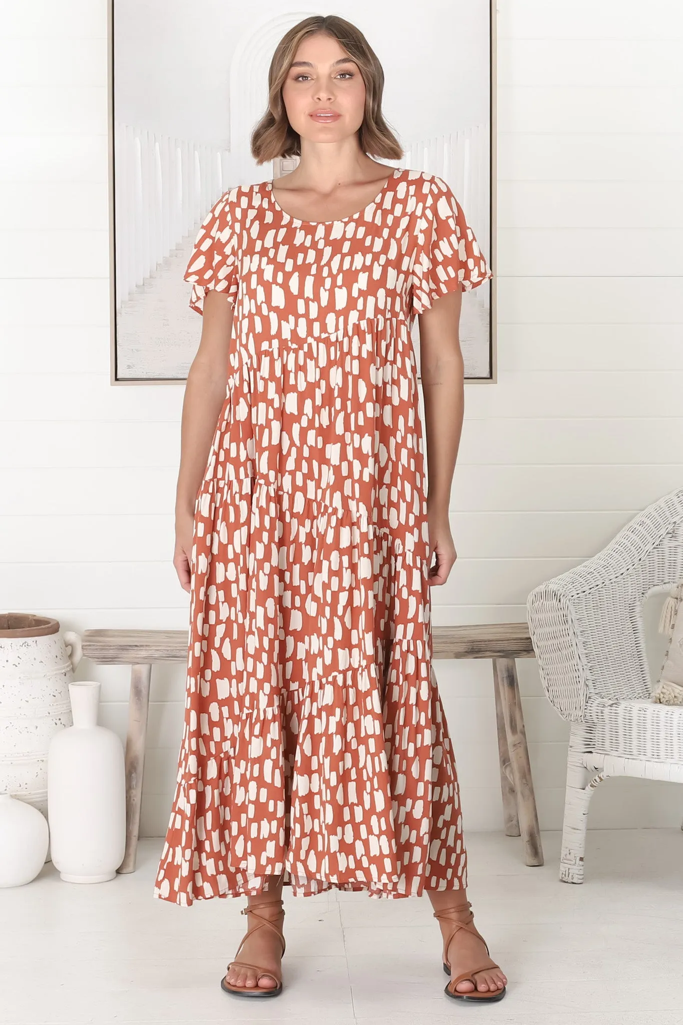 Allegra Midi Dress - Relaxed Asymmetric Tiered Smock Dress in Evie Print Rust sold by Salty Crush product image thumbnail 4