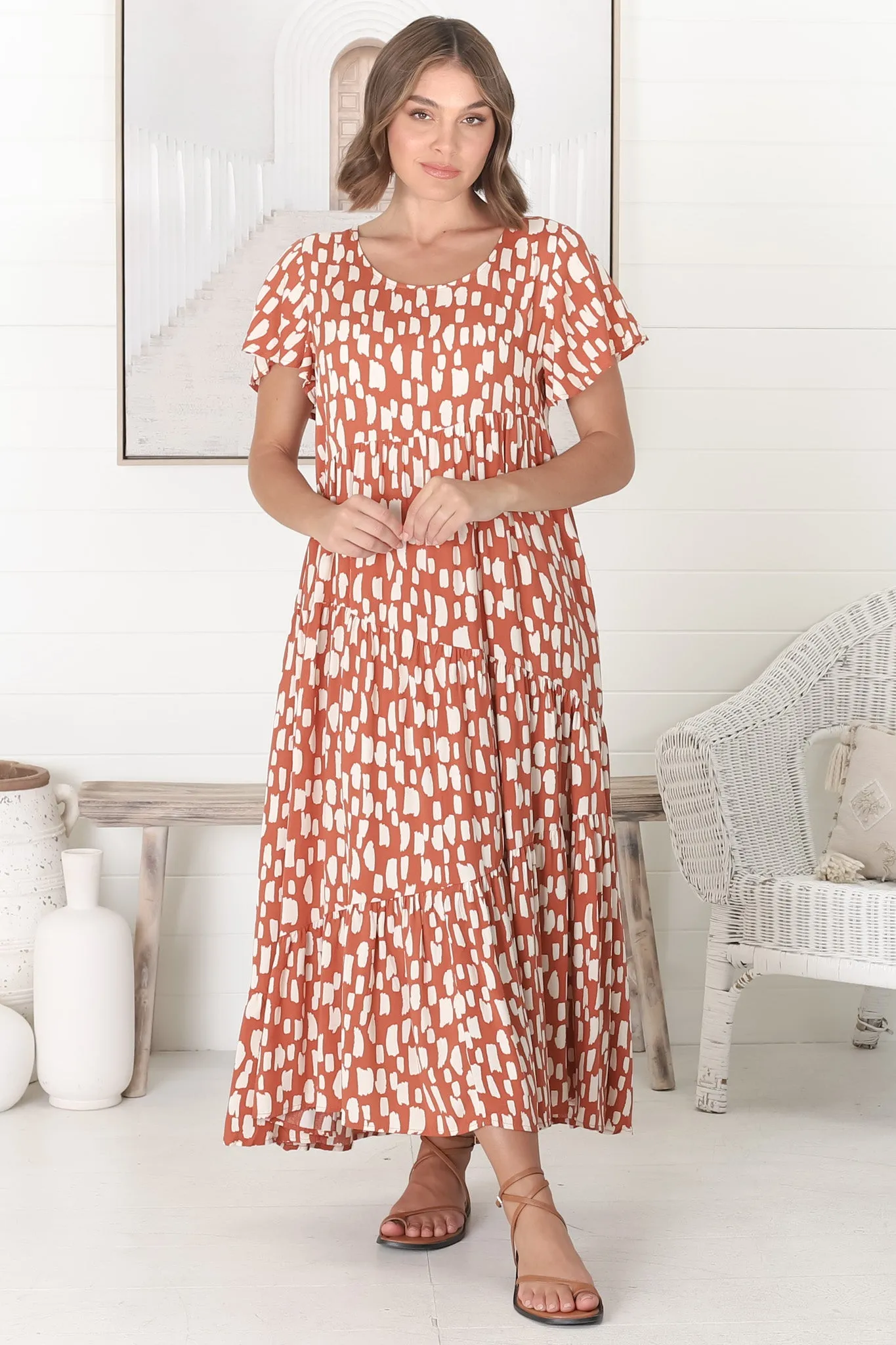 Allegra Midi Dress - Relaxed Asymmetric Tiered Smock Dress in Evie Print Rust sold by Salty Crush product image thumbnail 5
