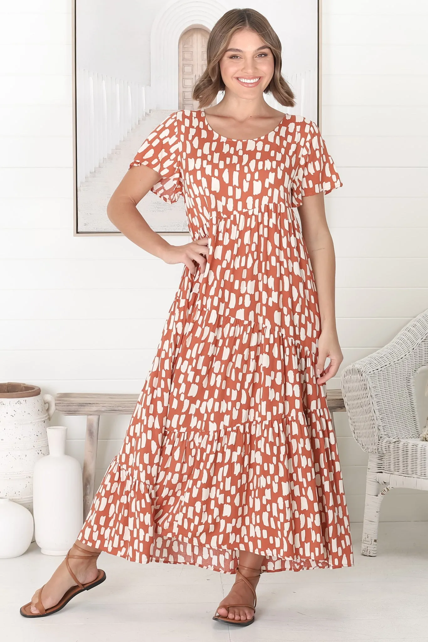 Allegra Midi Dress - Relaxed Asymmetric Tiered Smock Dress in Evie Print Rust sold by Salty Crush product image thumbnail 2
