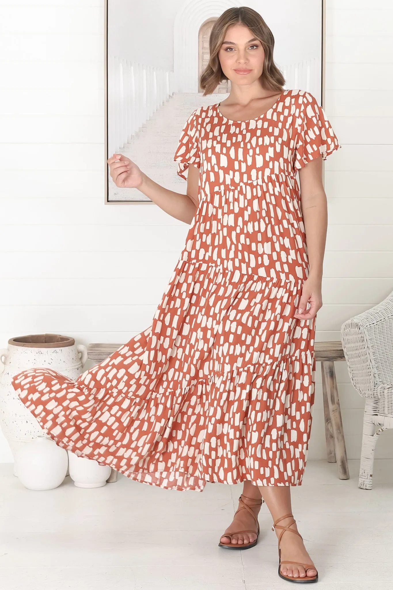 Allegra Midi Dress - Relaxed Asymmetric Tiered Smock Dress in Evie Print Rust sold by Salty Crush
