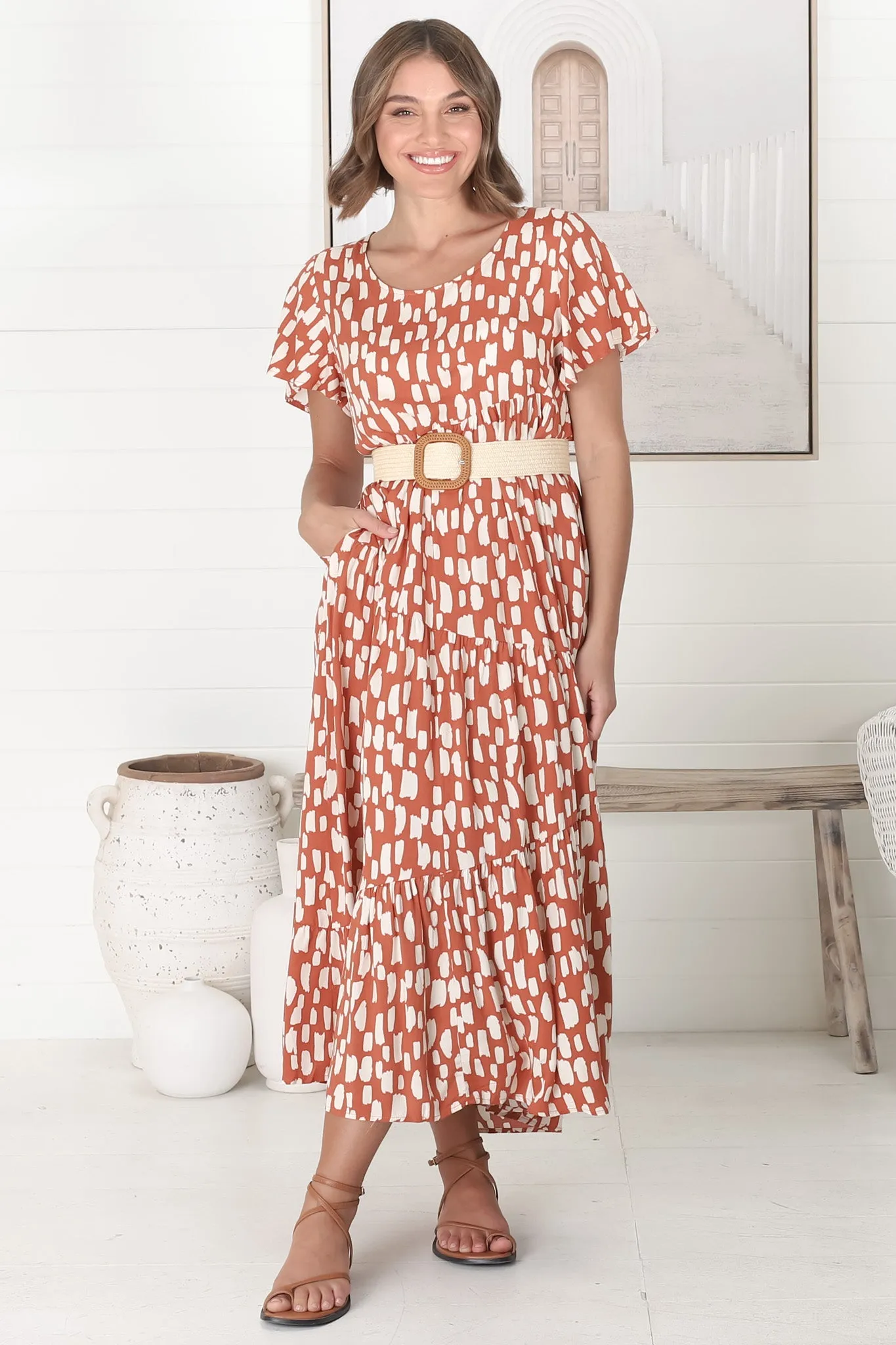 Allegra Midi Dress - Relaxed Asymmetric Tiered Smock Dress in Evie Print Rust sold by Salty Crush product image thumbnail 3
