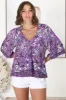 Gabriella Top - Mandarin Collar Deep V Neck Crochet Trim Top in Rhodium Print sold by Salty Crush