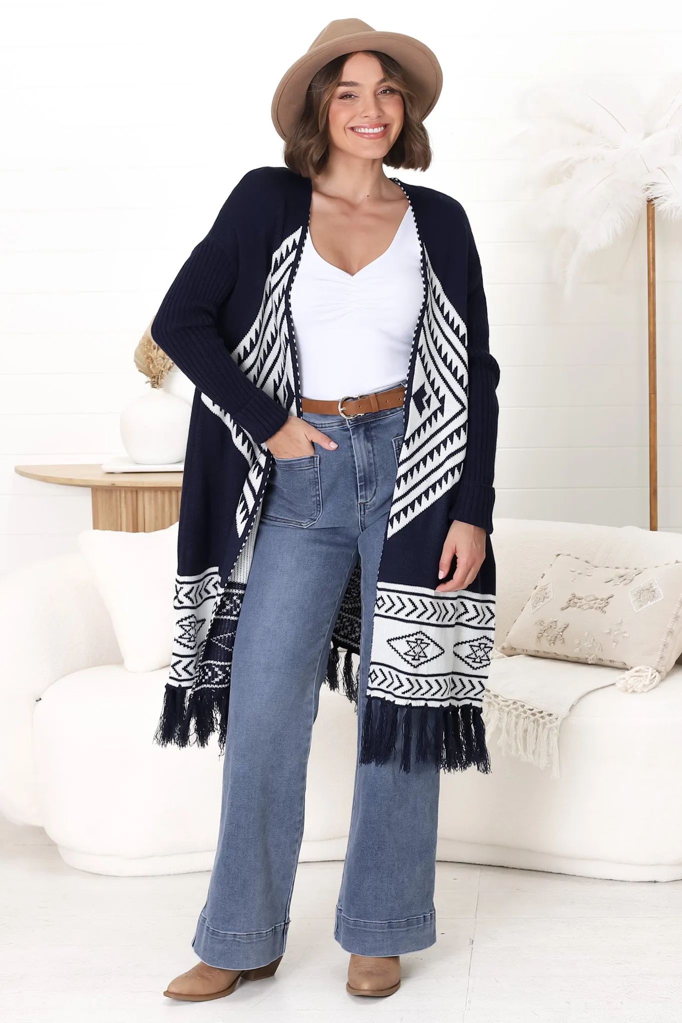 Amos Cardigan - Open Front Cardigan with Tassel Hem in Navy sold by Salty Crush product image thumbnail 5