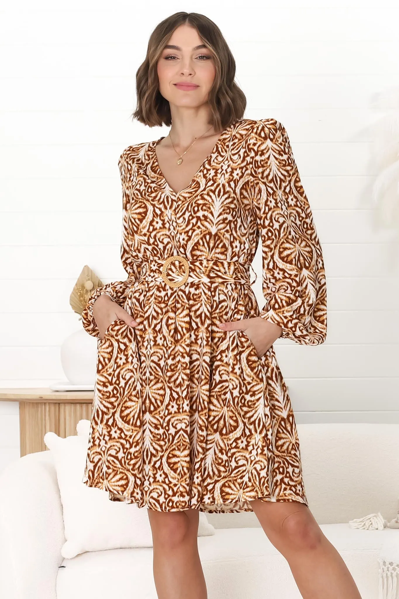 Lyna Mini Dress - A Line Dress with Statement Rattan Buckle Belt in Kara Print Brown sold by Salty Crush product image thumbnail 4