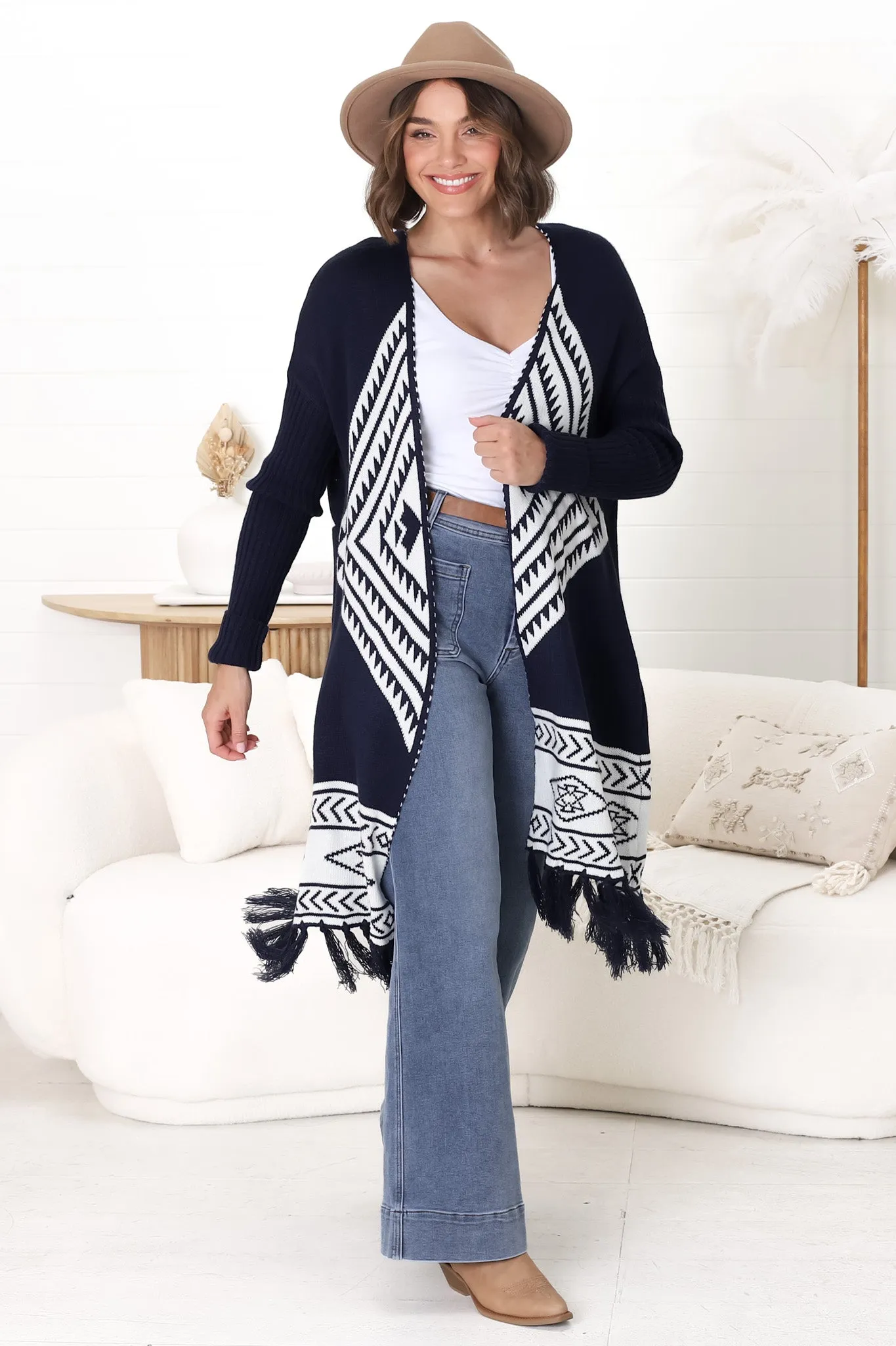 Amos Cardigan - Open Front Cardigan with Tassel Hem in Navy sold by Salty Crush product image thumbnail 3