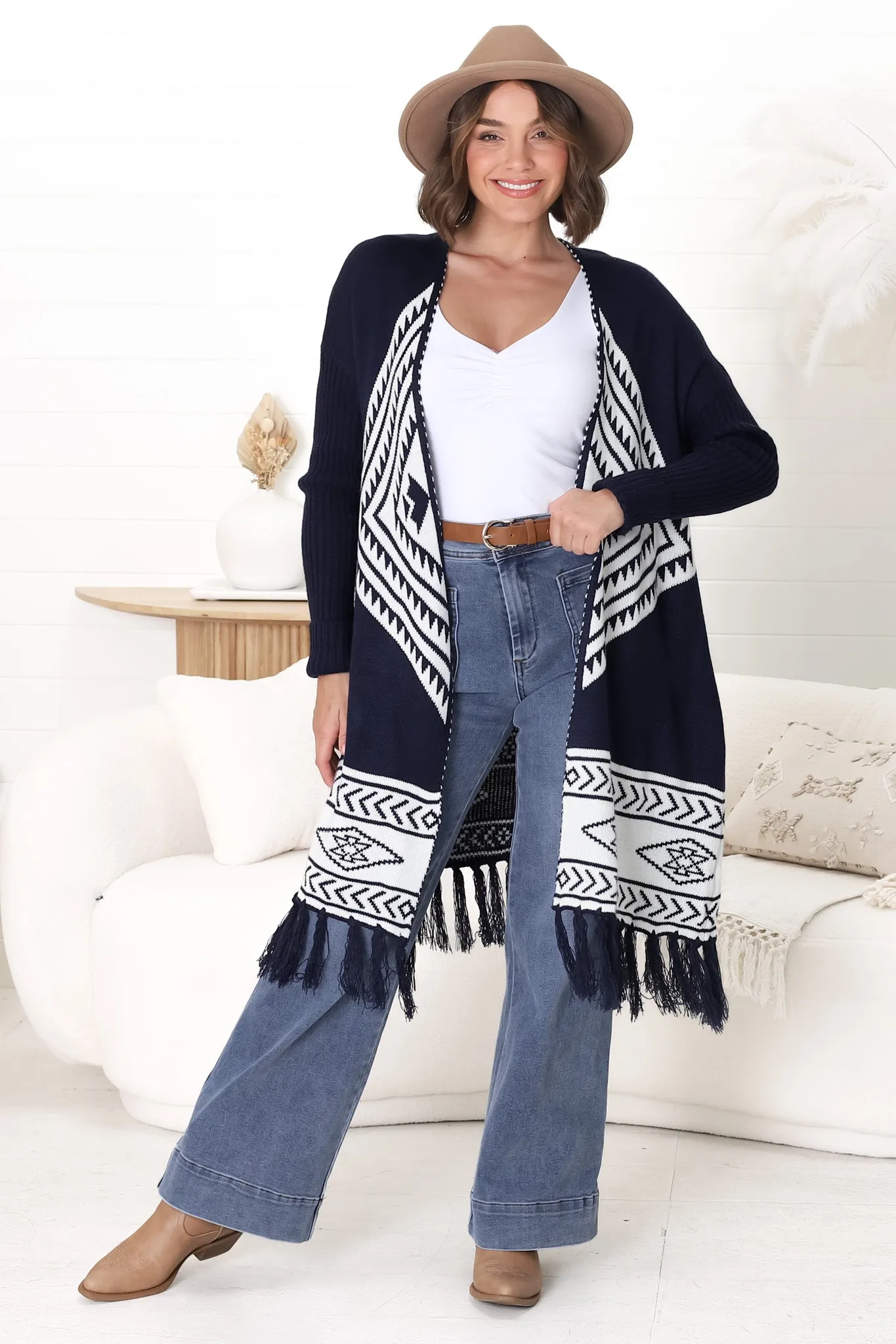 Amos Cardigan - Open Front Cardigan with Tassel Hem in Navy sold by Salty Crush