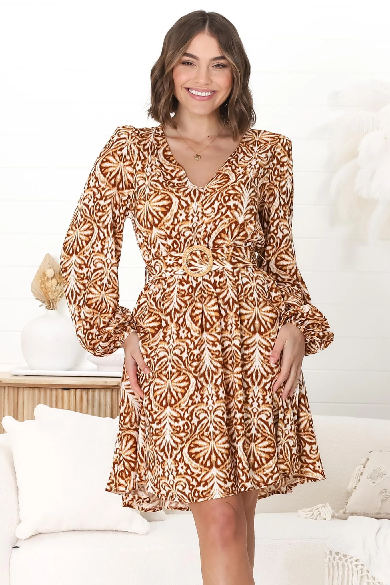 Lyna Mini Dress - A Line Dress with Statement Rattan Buckle Belt in Kara Print Brown sold by Salty Crush product image thumbnail 5