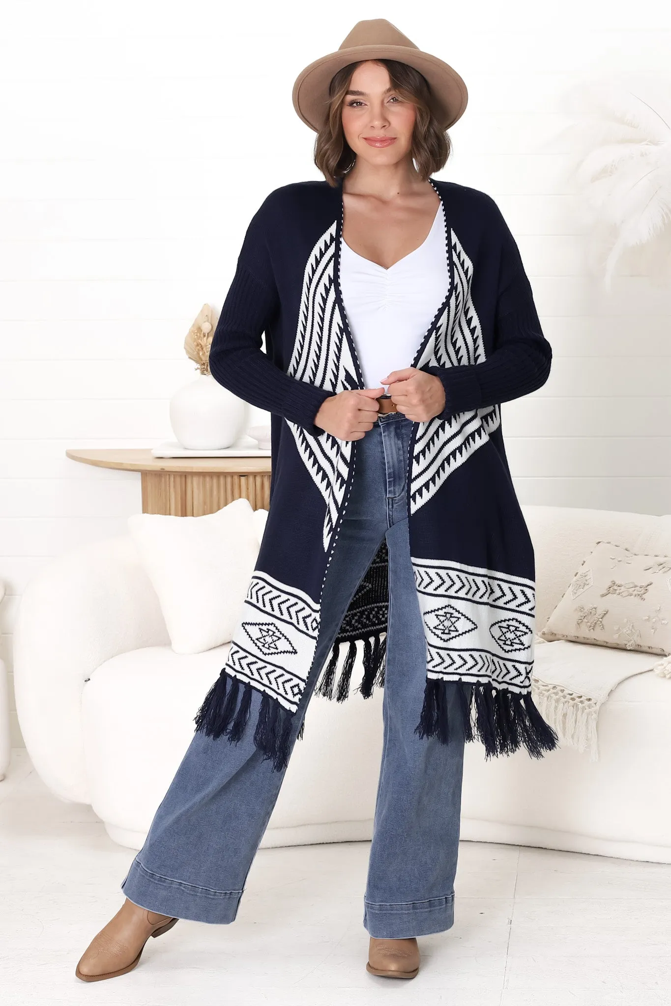 Amos Cardigan - Open Front Cardigan with Tassel Hem in Navy sold by Salty Crush product image thumbnail 4