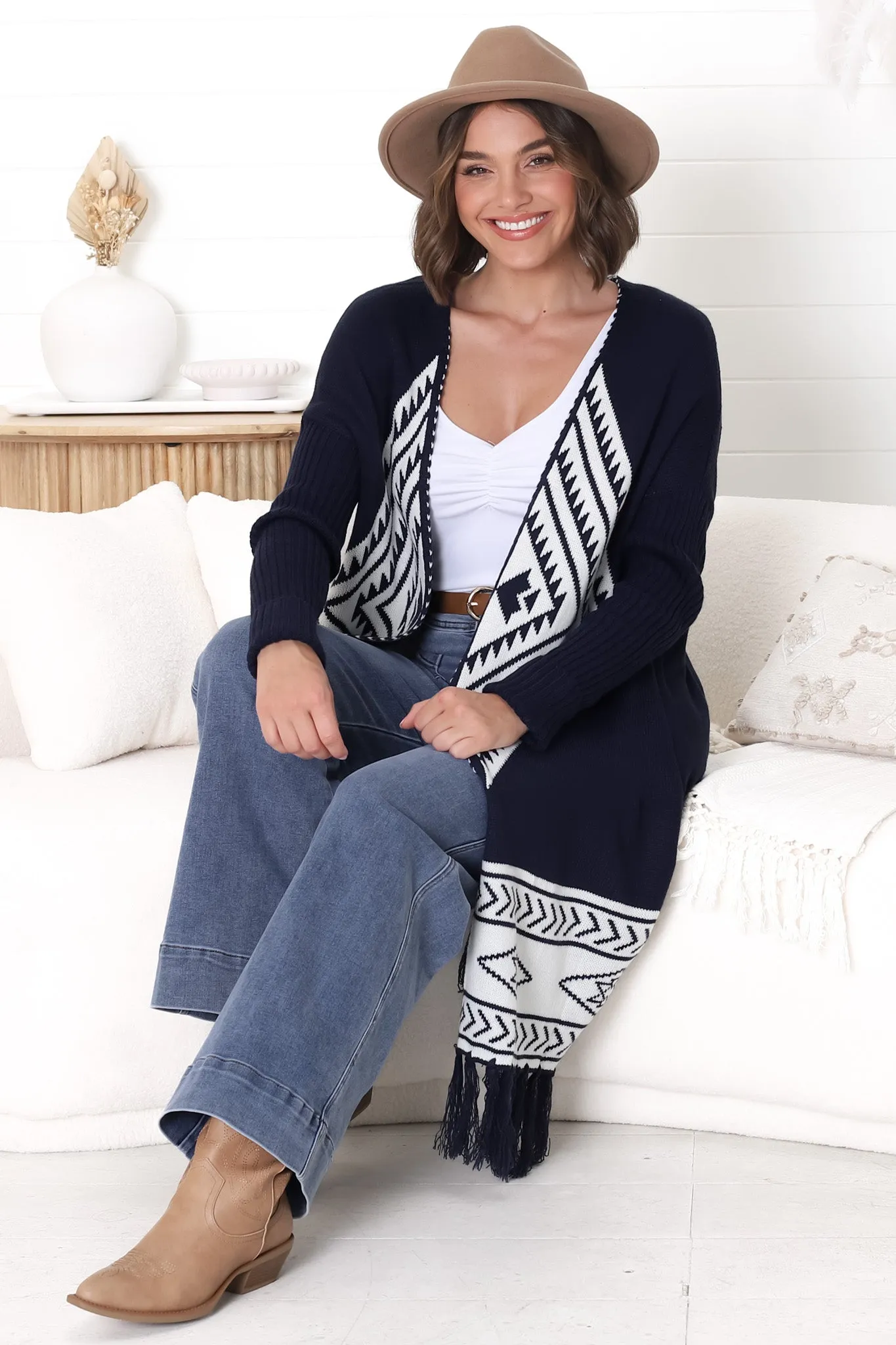 Amos Cardigan - Open Front Cardigan with Tassel Hem in Navy sold by Salty Crush product image thumbnail 2