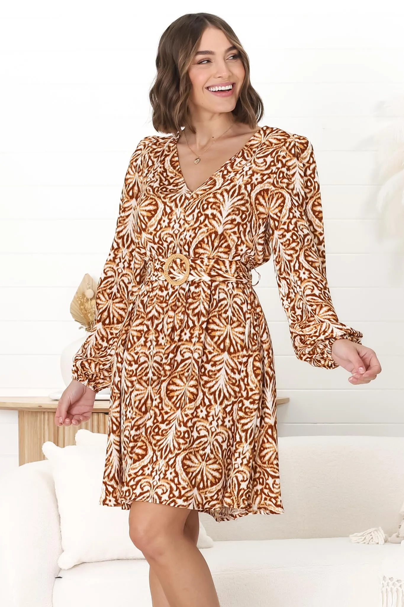 Lyna Mini Dress - A Line Dress with Statement Rattan Buckle Belt in Kara Print Brown sold by Salty Crush product image thumbnail 3