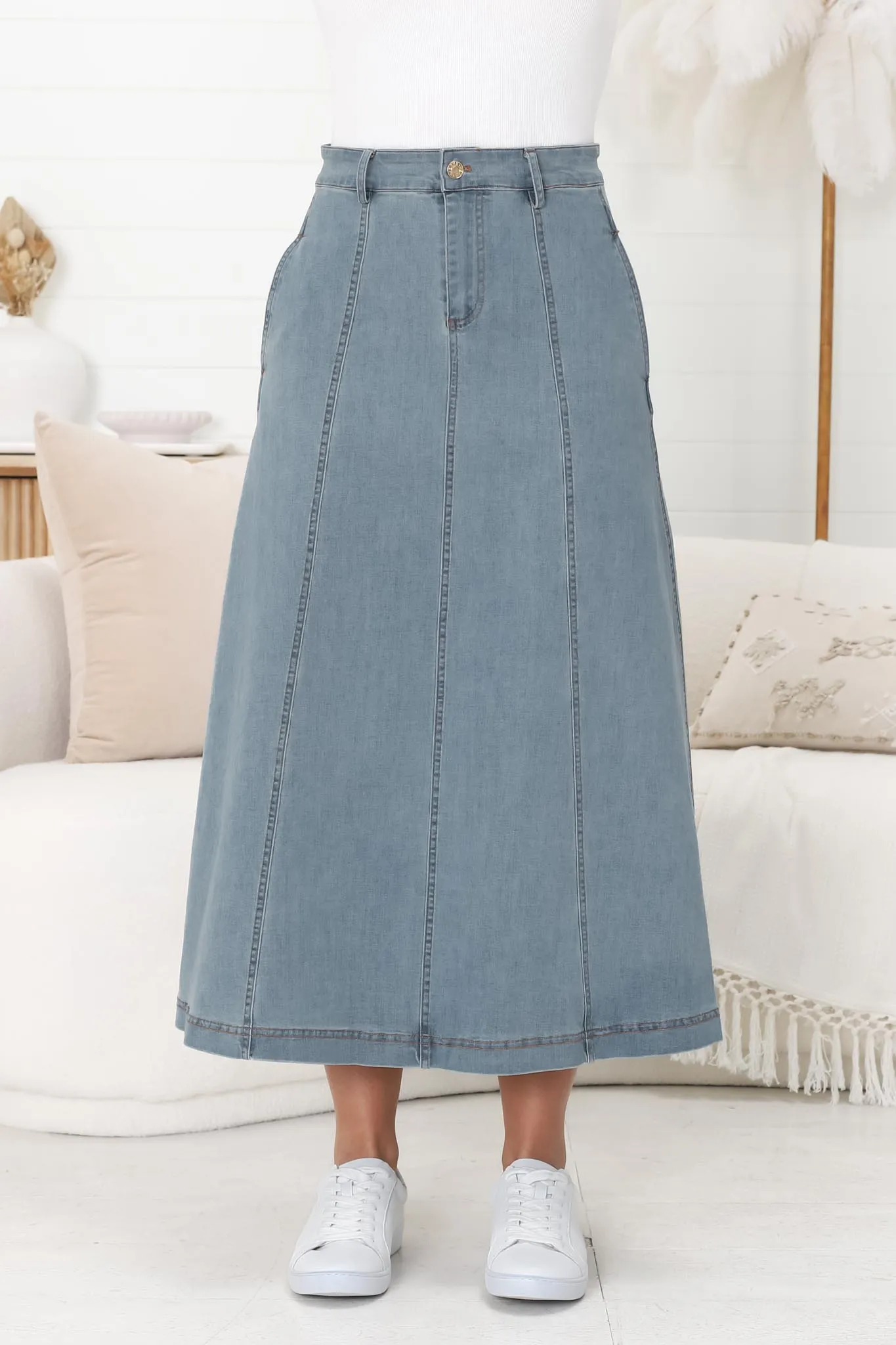 Delta Denim Midi Skirt - A Line Skirt with Contrast Stitching in Blue Denim sold by Salty Crush product image thumbnail 2