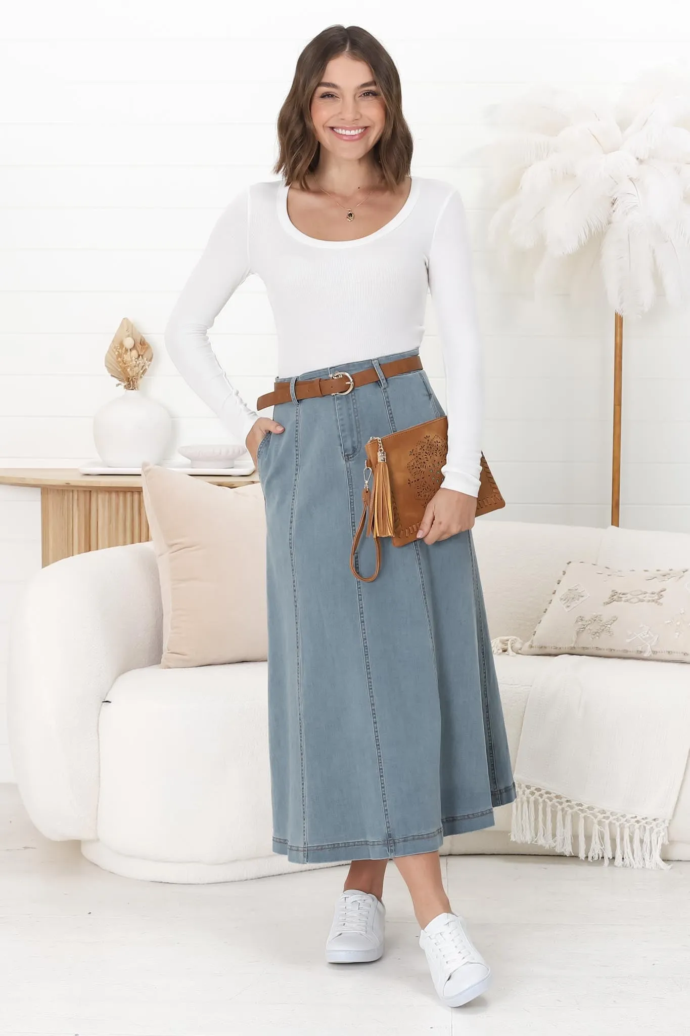 Delta Denim Midi Skirt - A Line Skirt with Contrast Stitching in Blue Denim sold by Salty Crush