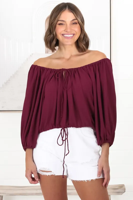 Thelma Top - Multiway Wear Pull In Neckline and Hemline Top in Wine sold by Salty Crush