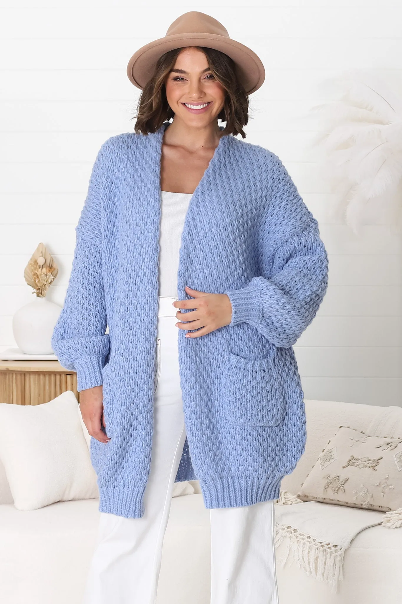 Ricki Cardigan - Open Front Chunky Knit Cardigan in Powder Blue sold by Salty Crush product image thumbnail 2
