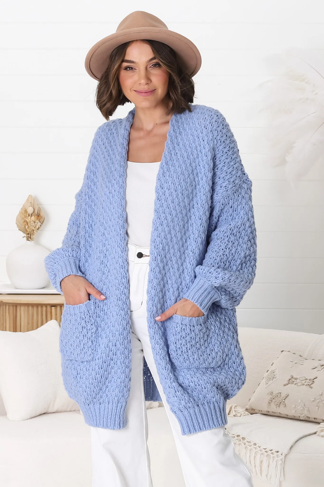 Ricki Cardigan - Open Front Chunky Knit Cardigan in Powder Blue sold by Salty Crush product image thumbnail 3
