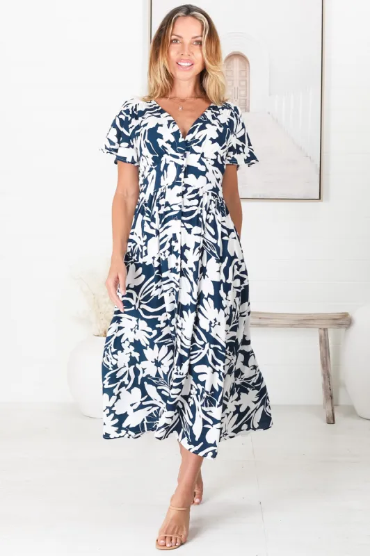 Nova Midi Dress - Flutter Cap Sleeve Tiered Button Down Dress with Pockets in Charis Print Blue sold by Salty Crush