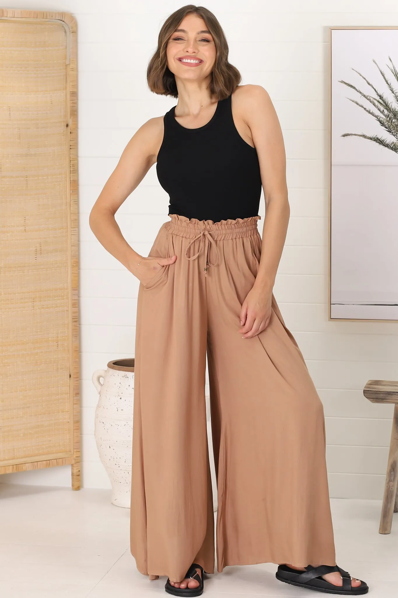 Charli Pants - Paper Bag High Waisted Wide Leg Pants in Camel sold by Salty Crush product image thumbnail 2