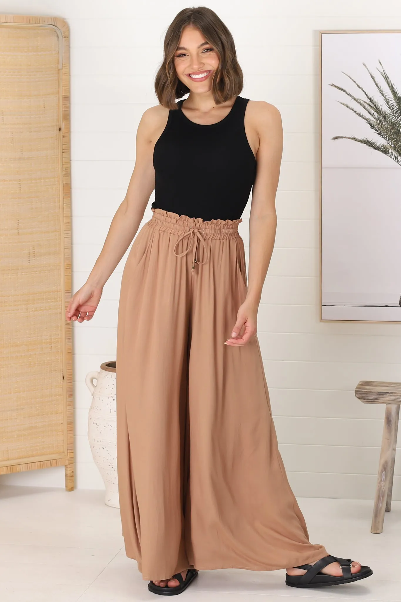 Charli Pants - Paper Bag High Waisted Wide Leg Pants in Camel sold by Salty Crush product image thumbnail 3