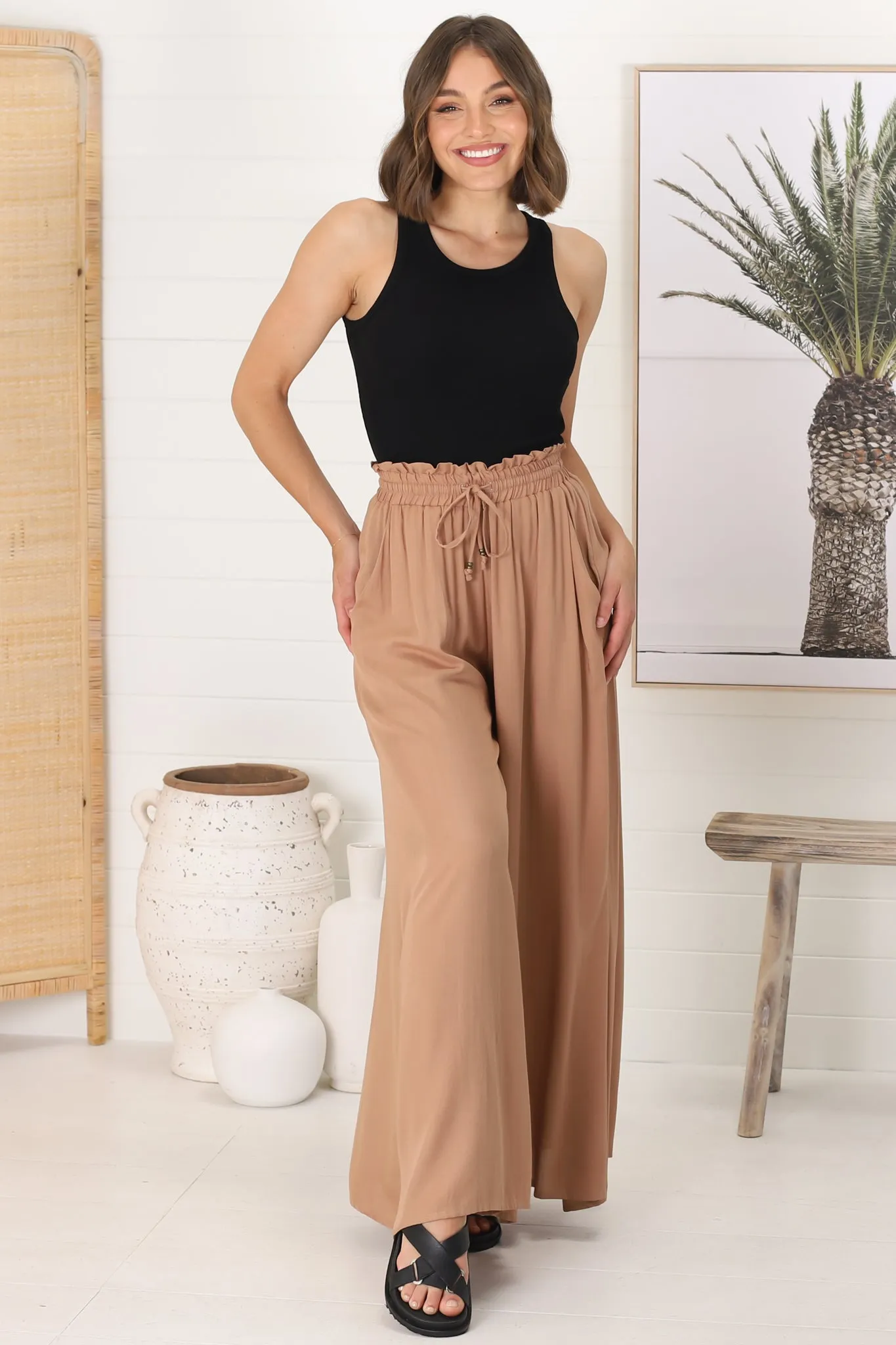 Charli Pants - Paper Bag High Waisted Wide Leg Pants in Camel sold by Salty Crush product image thumbnail 4