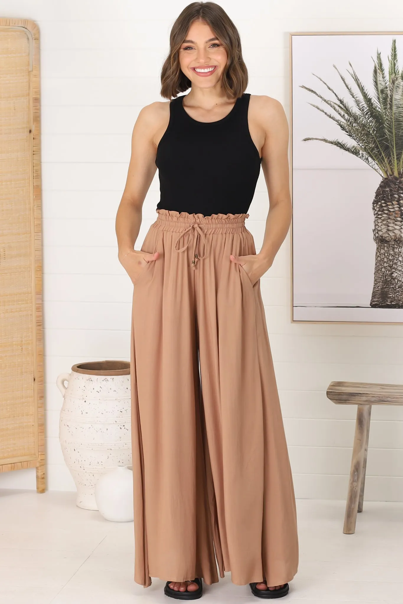 Charli Pants - Paper Bag High Waisted Wide Leg Pants in Camel sold by Salty Crush