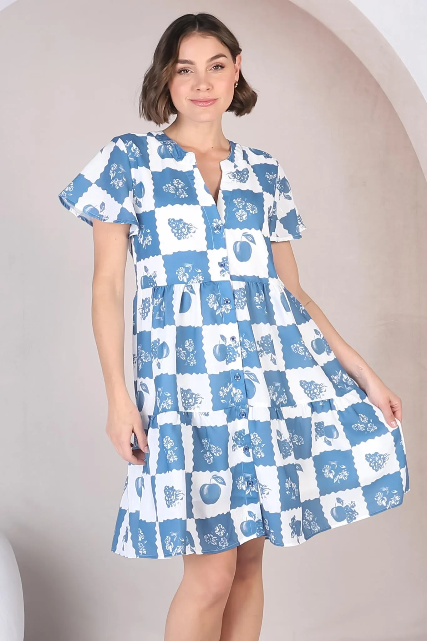 Hasley Mini Dress - Bermuda Collared Button Down Dress with Cap Sleeves in Flux Print Blue sold by Salty Crush product image thumbnail 3
