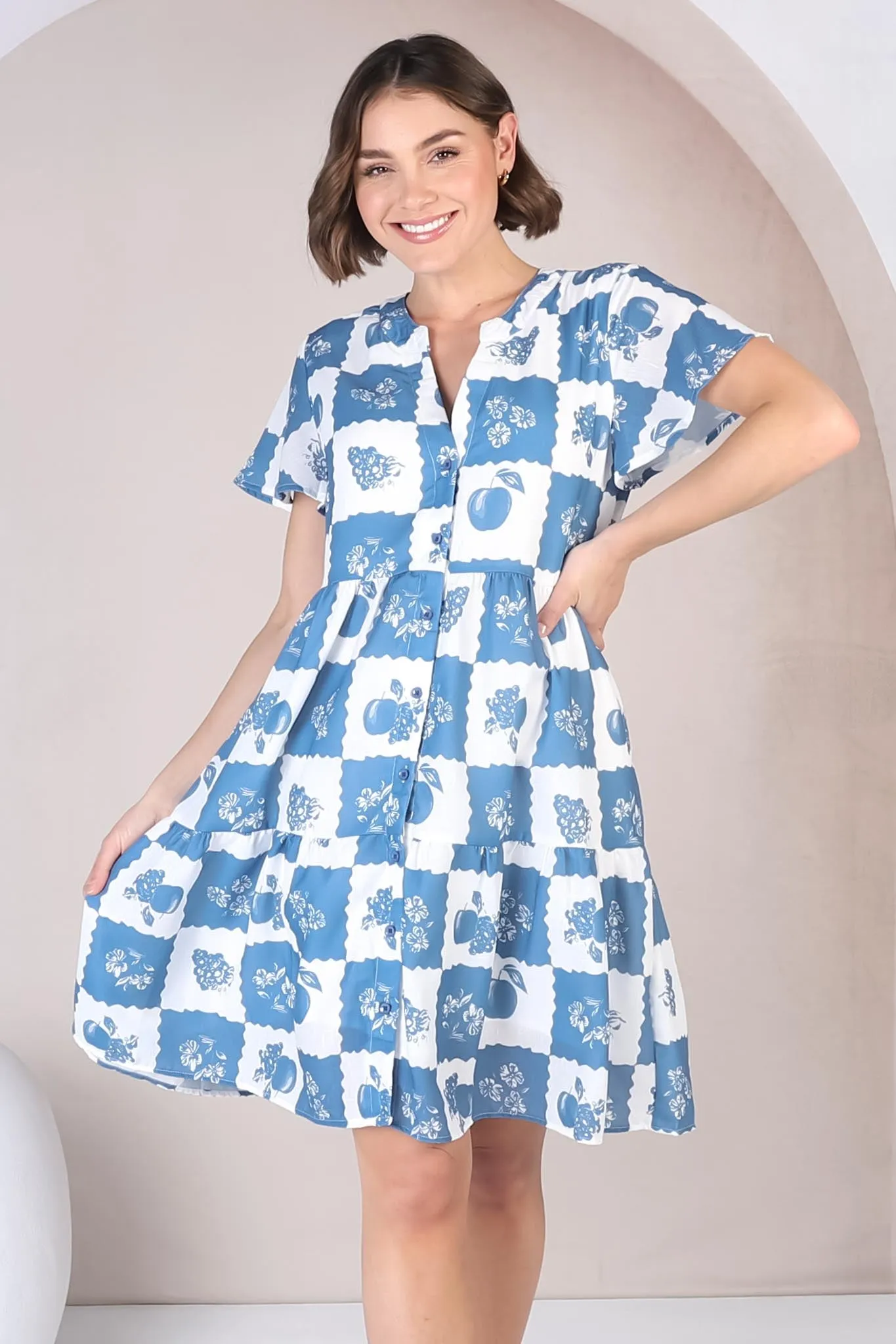 Hasley Mini Dress - Bermuda Collared Button Down Dress with Cap Sleeves in Flux Print Blue sold by Salty Crush