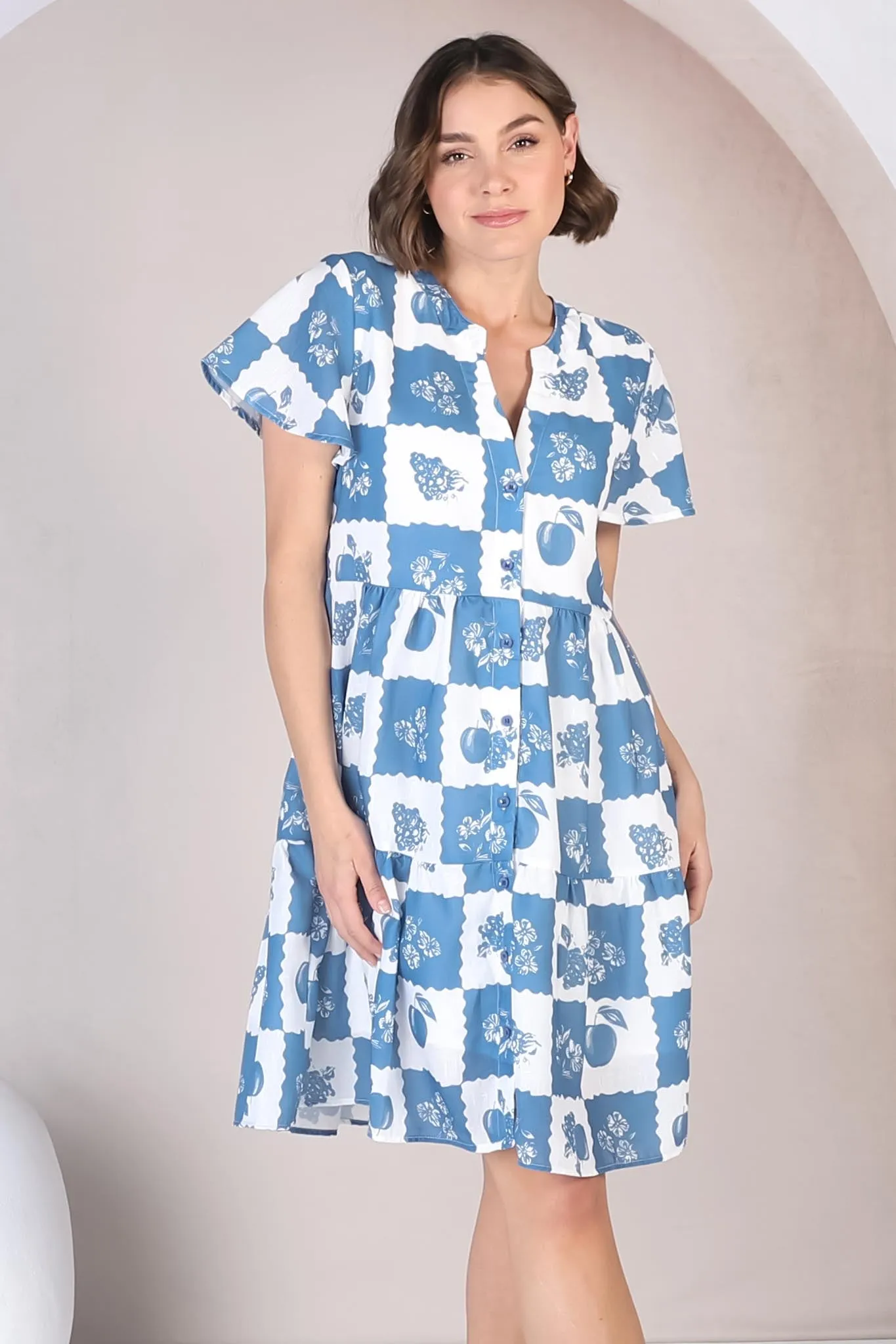 Hasley Mini Dress - Bermuda Collared Button Down Dress with Cap Sleeves in Flux Print Blue sold by Salty Crush product image thumbnail 4