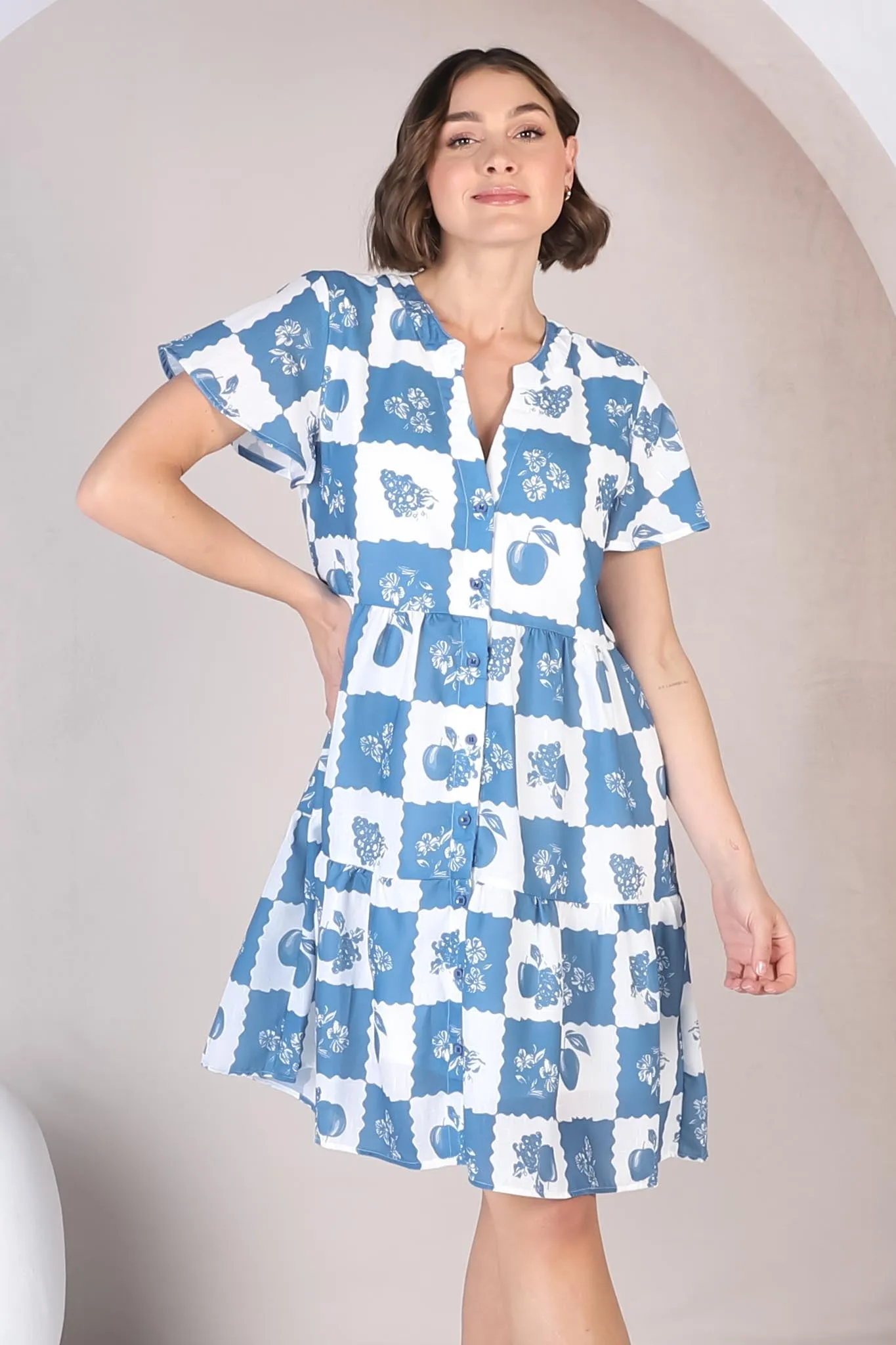 Hasley Mini Dress - Bermuda Collared Button Down Dress with Cap Sleeves in Flux Print Blue sold by Salty Crush product image thumbnail 5