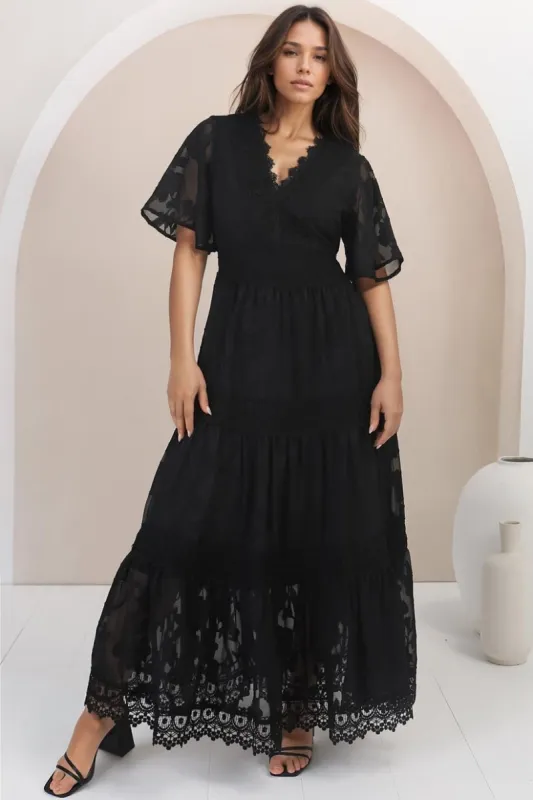 Madeline Maxi Dress - Lace Trim Embroidered A Line Dress in Black sold by Salty Crush