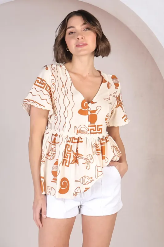 Aster Top - Pull Over Top with Rick Rack Detailing in Piper Print Tan sold by Salty Crush
