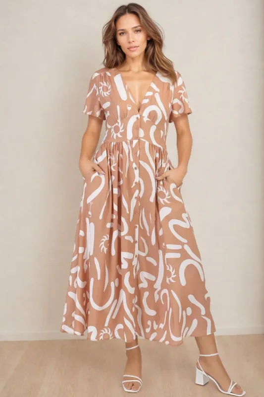 Anais Midi Dress - Cap Flutter Sleeve Button Down A Line Dress in Daley Print sold by Salty Crush