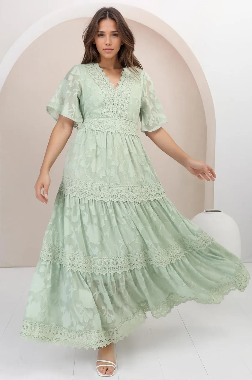 Madeline Maxi Dress - Lace Trim Embroidered A Line Dress in Mint sold by Salty Crush product image thumbnail 3