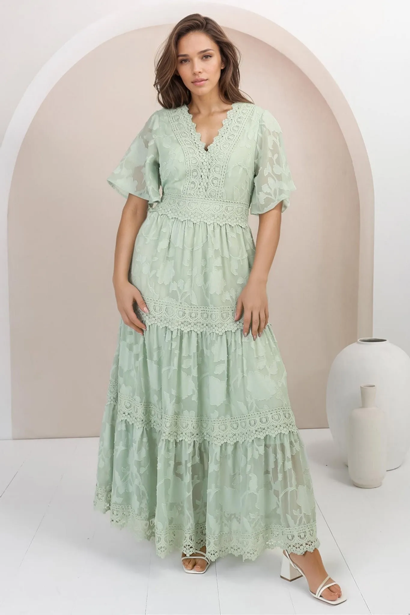 Madeline Maxi Dress - Lace Trim Embroidered A Line Dress in Mint sold by Salty Crush