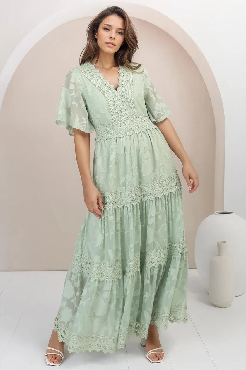 Madeline Maxi Dress - Lace Trim Embroidered A Line Dress in Mint sold by Salty Crush product image thumbnail 5
