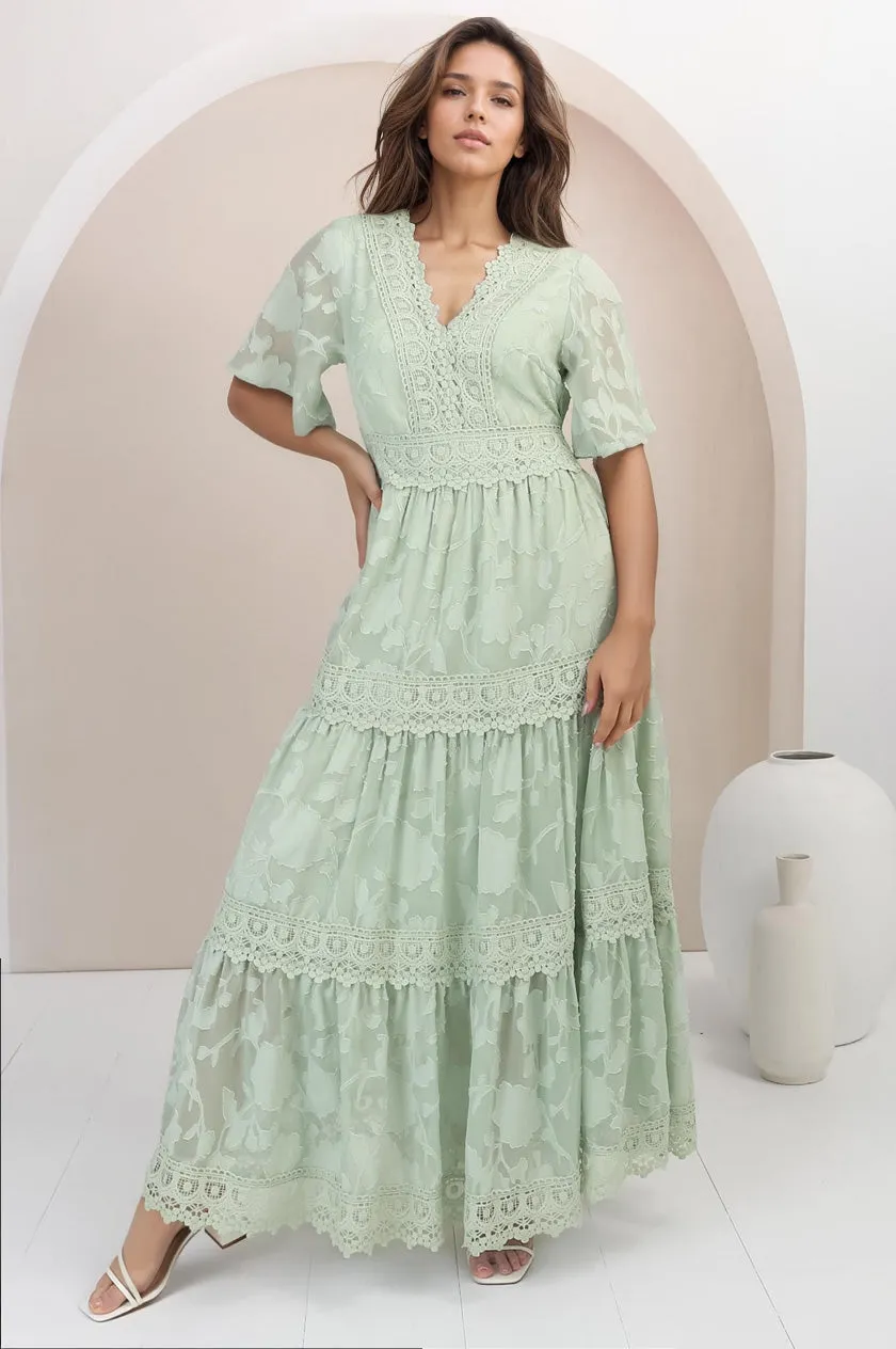 Madeline Maxi Dress - Lace Trim Embroidered A Line Dress in Mint sold by Salty Crush product image thumbnail 4