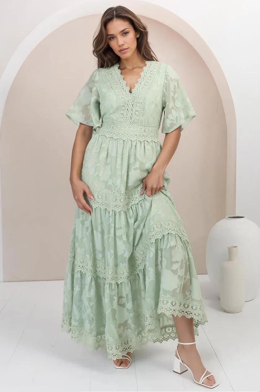Madeline Maxi Dress - Lace Trim Embroidered A Line Dress in Mint sold by Salty Crush product image thumbnail 2