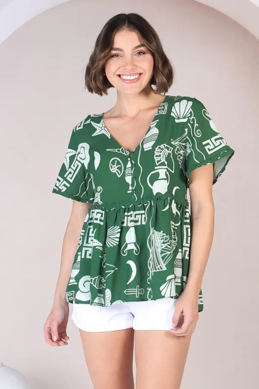 Aster Top - Pull Over Top with Rick Rack Detailing in Piper Print Green sold by Salty Crush