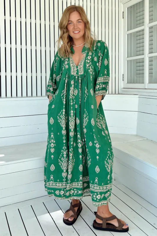 Boheme Midi Dress - Piping Defined Bust Slimline Smock Dress in Kiva Print sold by Salty Crush
