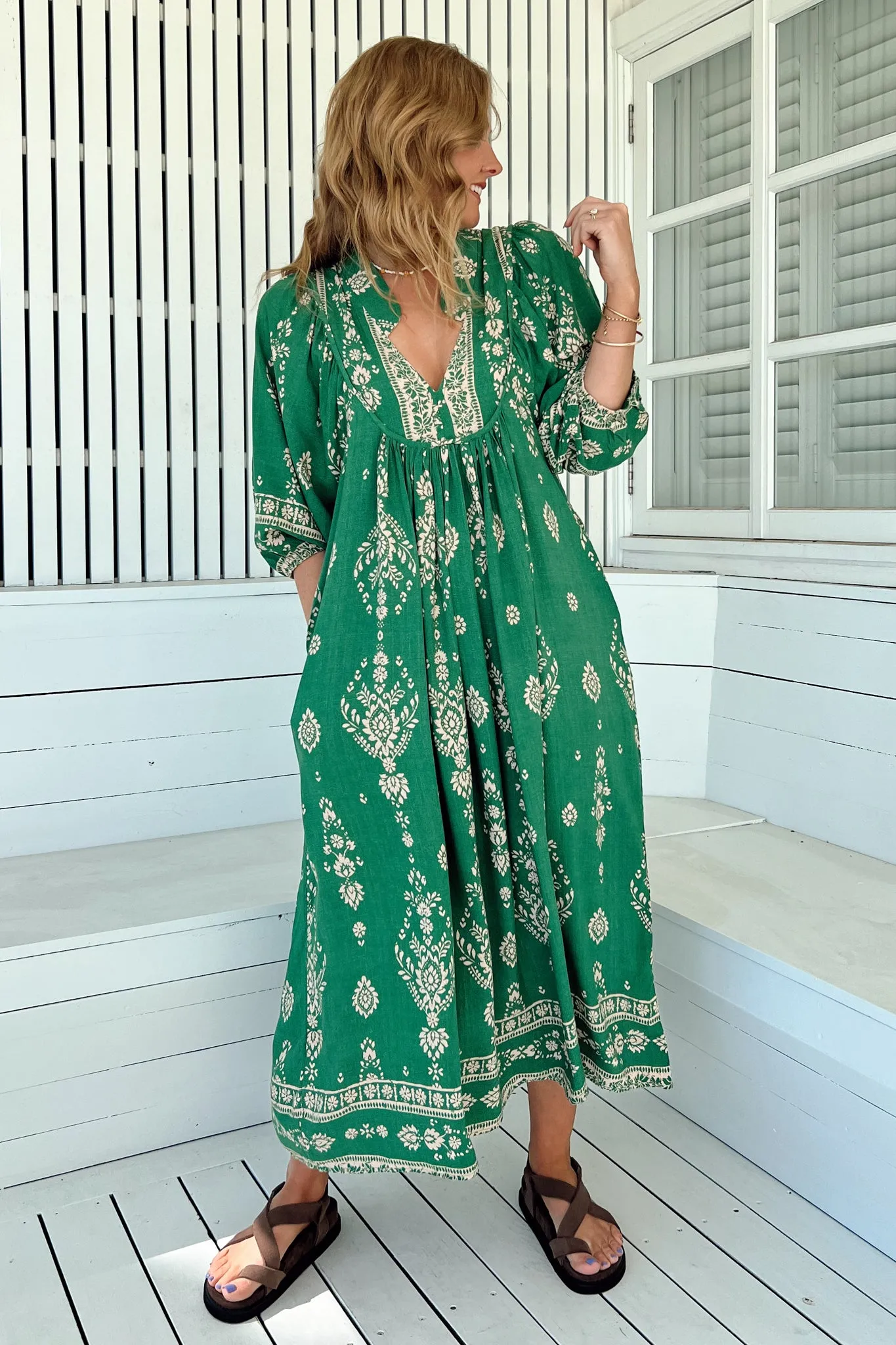 Boheme Midi Dress - Piping Defined Bust Slimline Smock Dress in Kiva Print sold by Salty Crush product image thumbnail 2