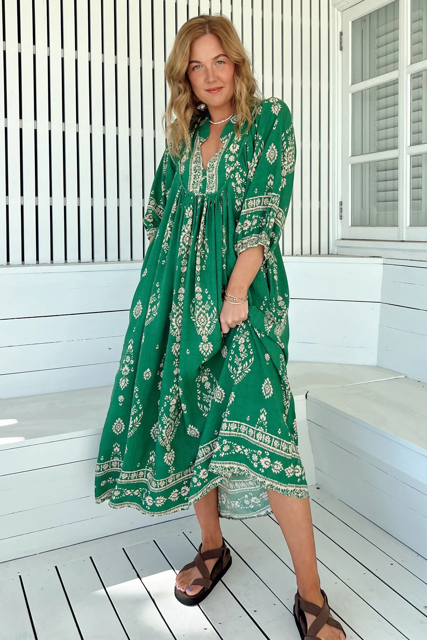 Boheme Midi Dress - Piping Defined Bust Slimline Smock Dress in Kiva Print sold by Salty Crush product image thumbnail 4