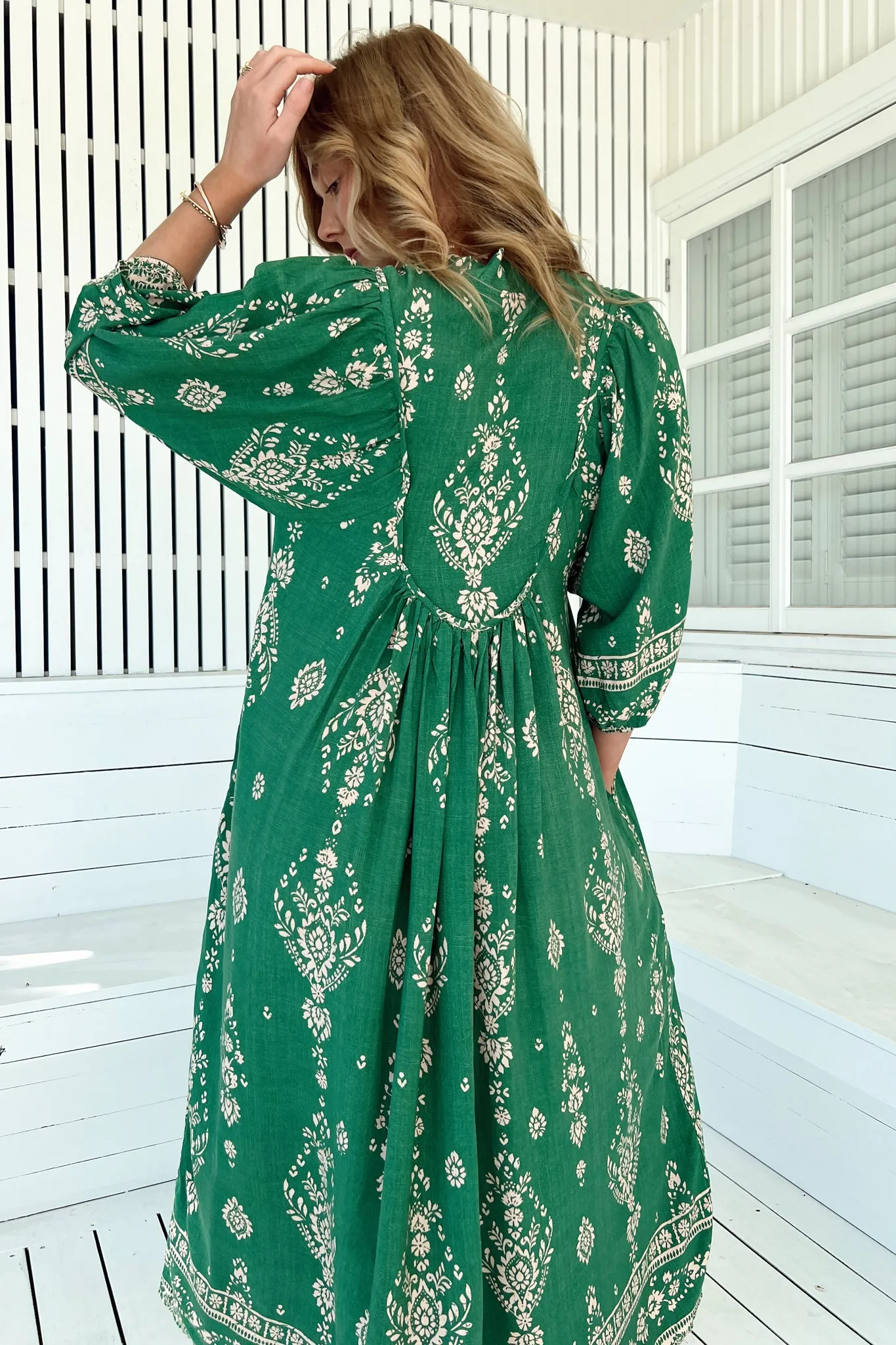 Boheme Midi Dress - Piping Defined Bust Slimline Smock Dress in Kiva Print sold by Salty Crush product image thumbnail 5