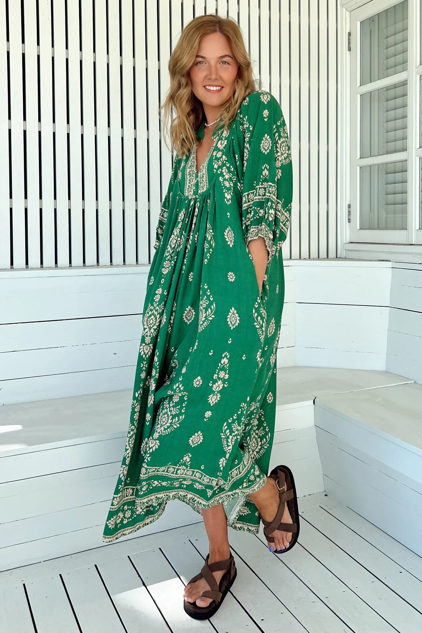 Boheme Midi Dress - Piping Defined Bust Slimline Smock Dress in Kiva Print sold by Salty Crush product image thumbnail 3